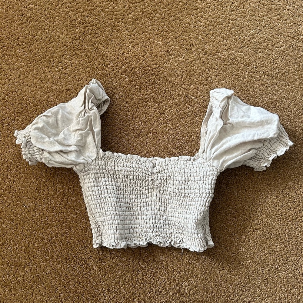 Reformation Cream Smocked Puff Sleeve Crop Top